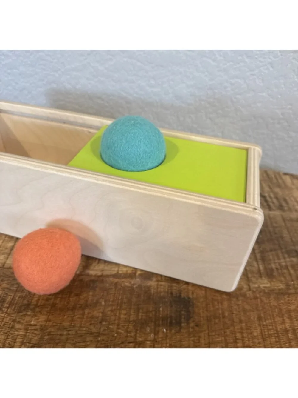 Lovevery Top Sliding Box With Felt Ball Drop Wooden Toy Montessori Sensory Balls